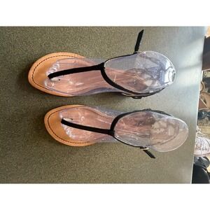 Seychelles Womens Black Leather T-Strap Thong Sandals Caged Heel Size 7